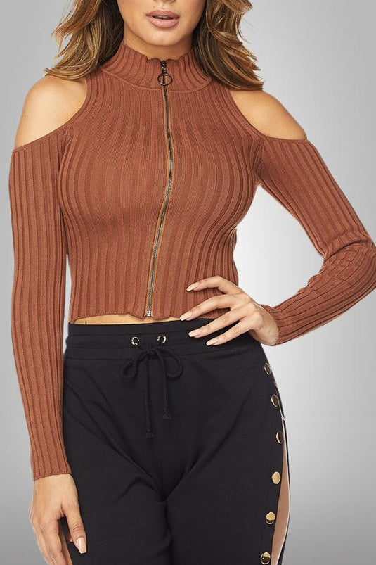 Ribbed Cold Shoulder Sweater