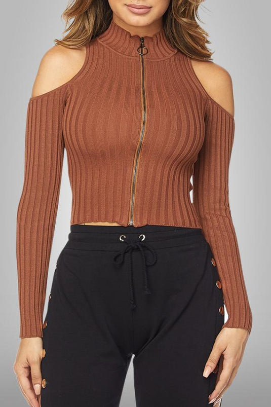 Ribbed Cold Shoulder Sweater