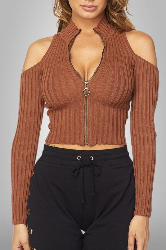 Ribbed Cold Shoulder Sweater